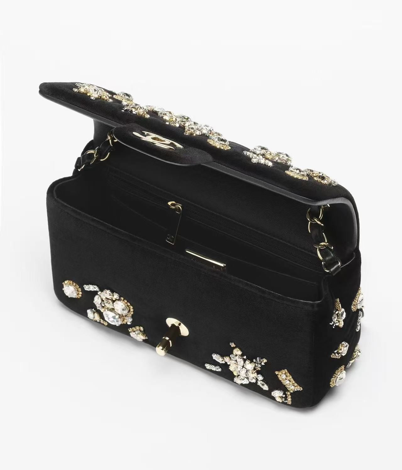 Chanel Fall-Winter 2025/26 MINI CLASSIC HANDBAG Velvet, Strass, Imitation Pearls & Gold-Tone Metal 
Black, Crystal & Golden