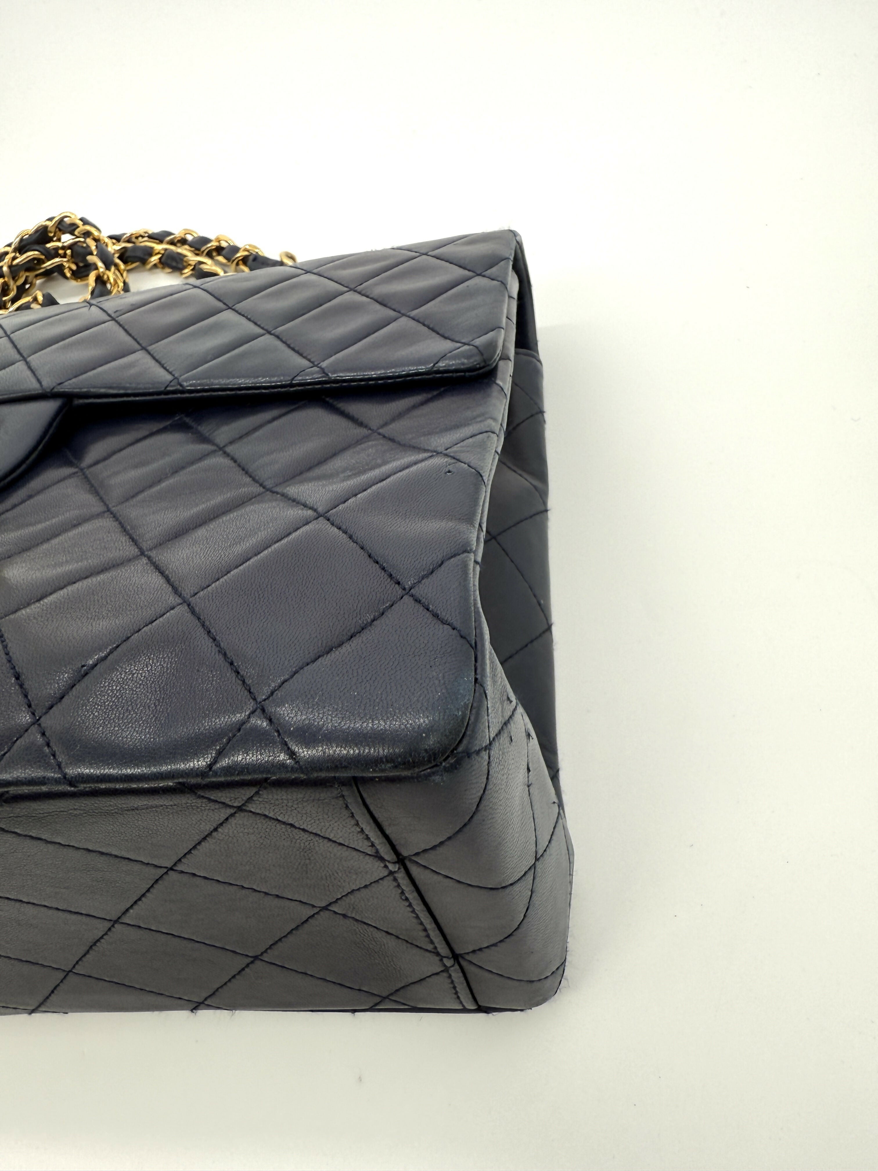 Chanel Vintage 1980s Navy Lambskin Maxi Classic Single Flap- Series 1