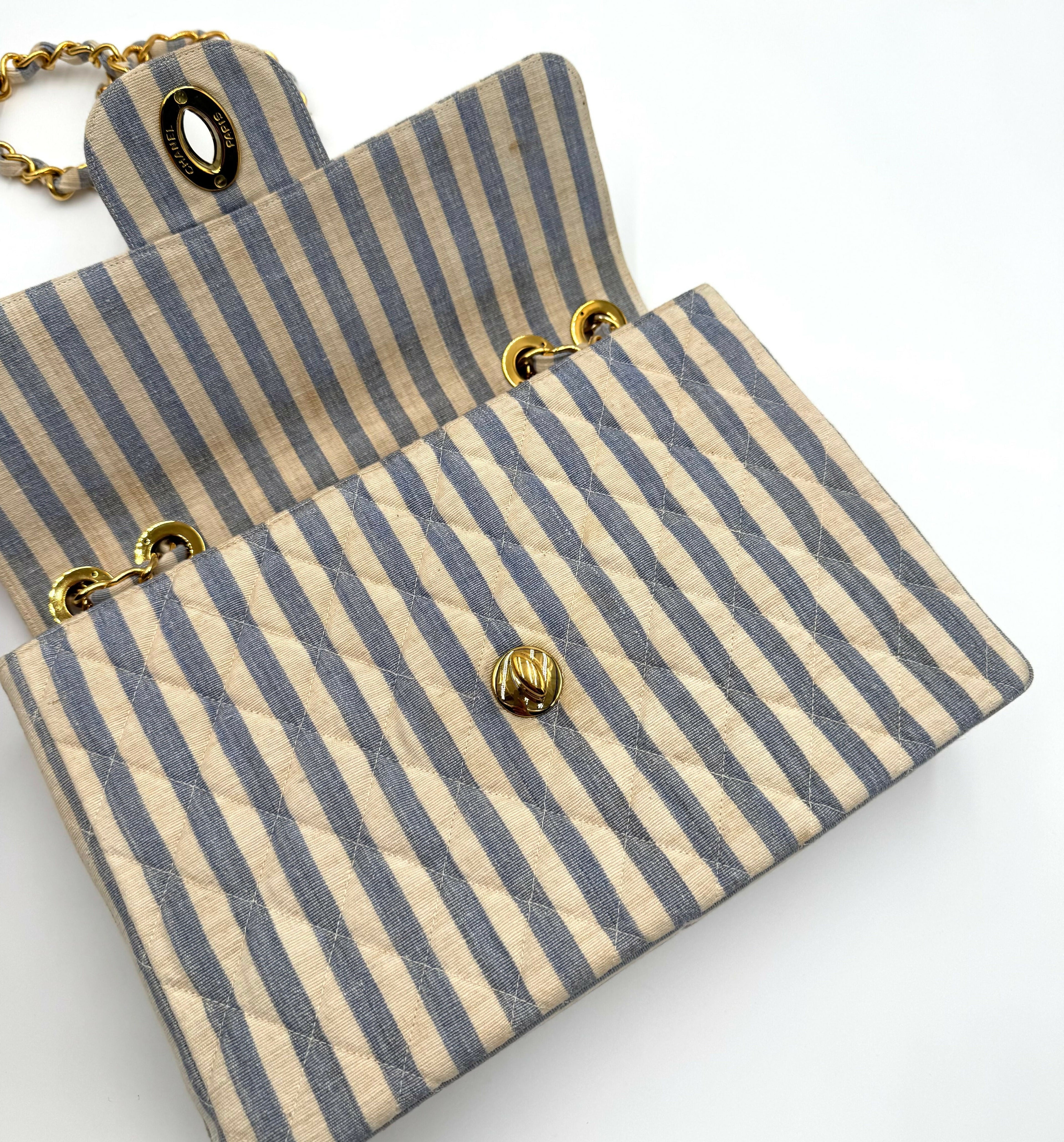 Chanel Vintage 1990s Blue and White Striped Linen Jumbo Single Classic Flap Bag