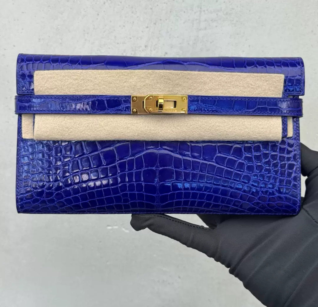 Hermès Kelly long electric blue shiny crocodile leather gold hardware