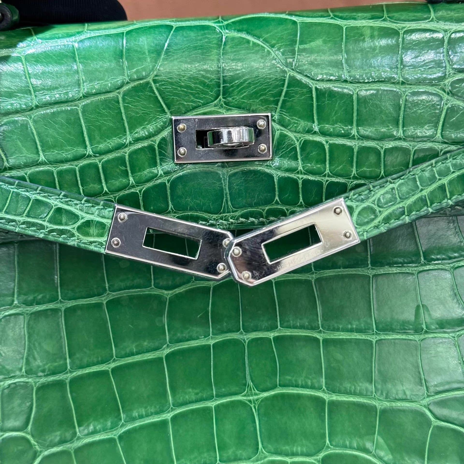 Hermes Kelly 25 Green Bamboo crocodile leather palladium hardware