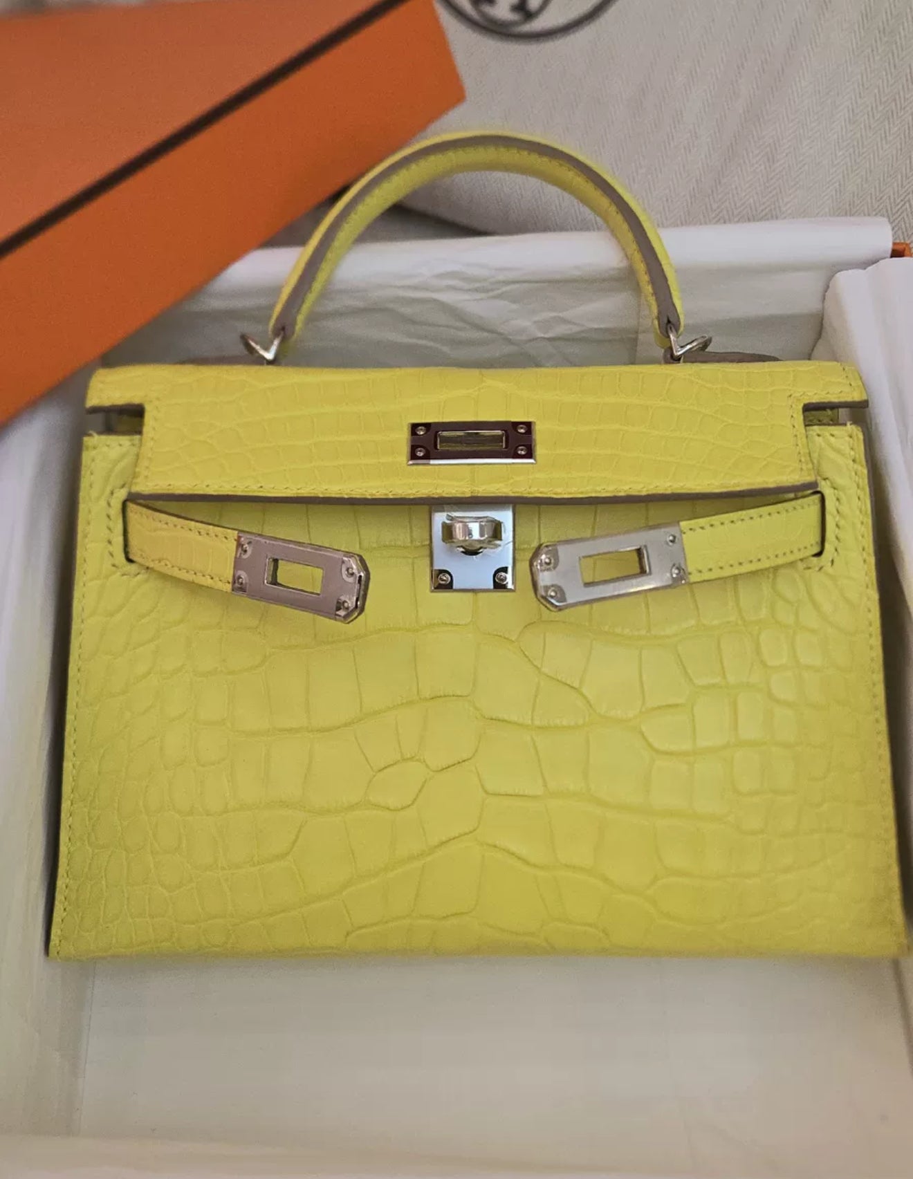 Hermès Mini Kelly Lime Matte Crocodile Leather Palladium Hardware