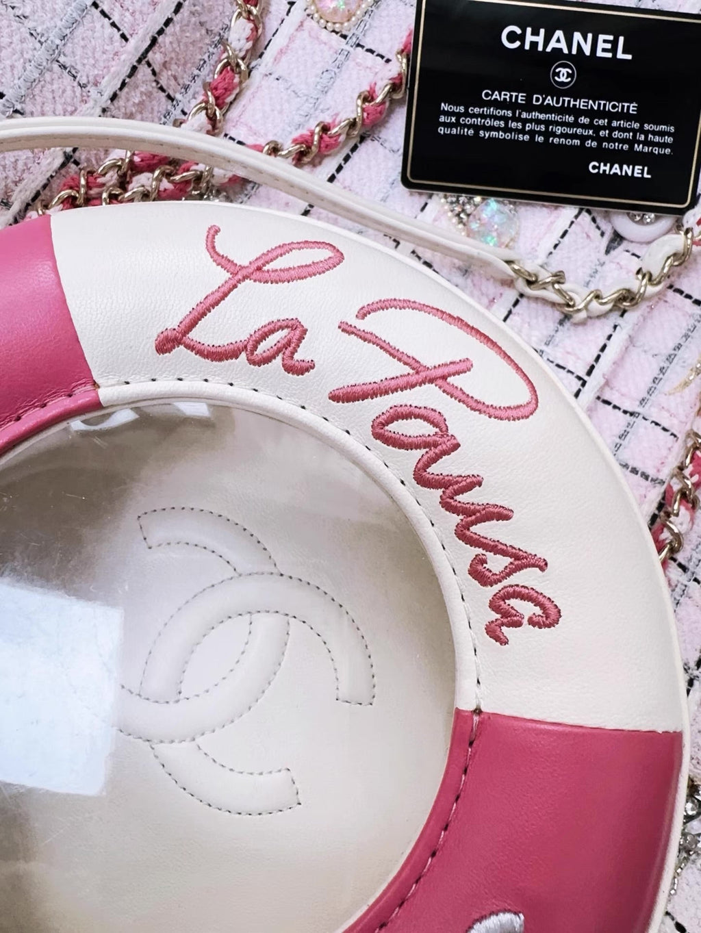 Chanel 19C Pink/White Lambskin Leather Coco Lifesaver Small Round Bag