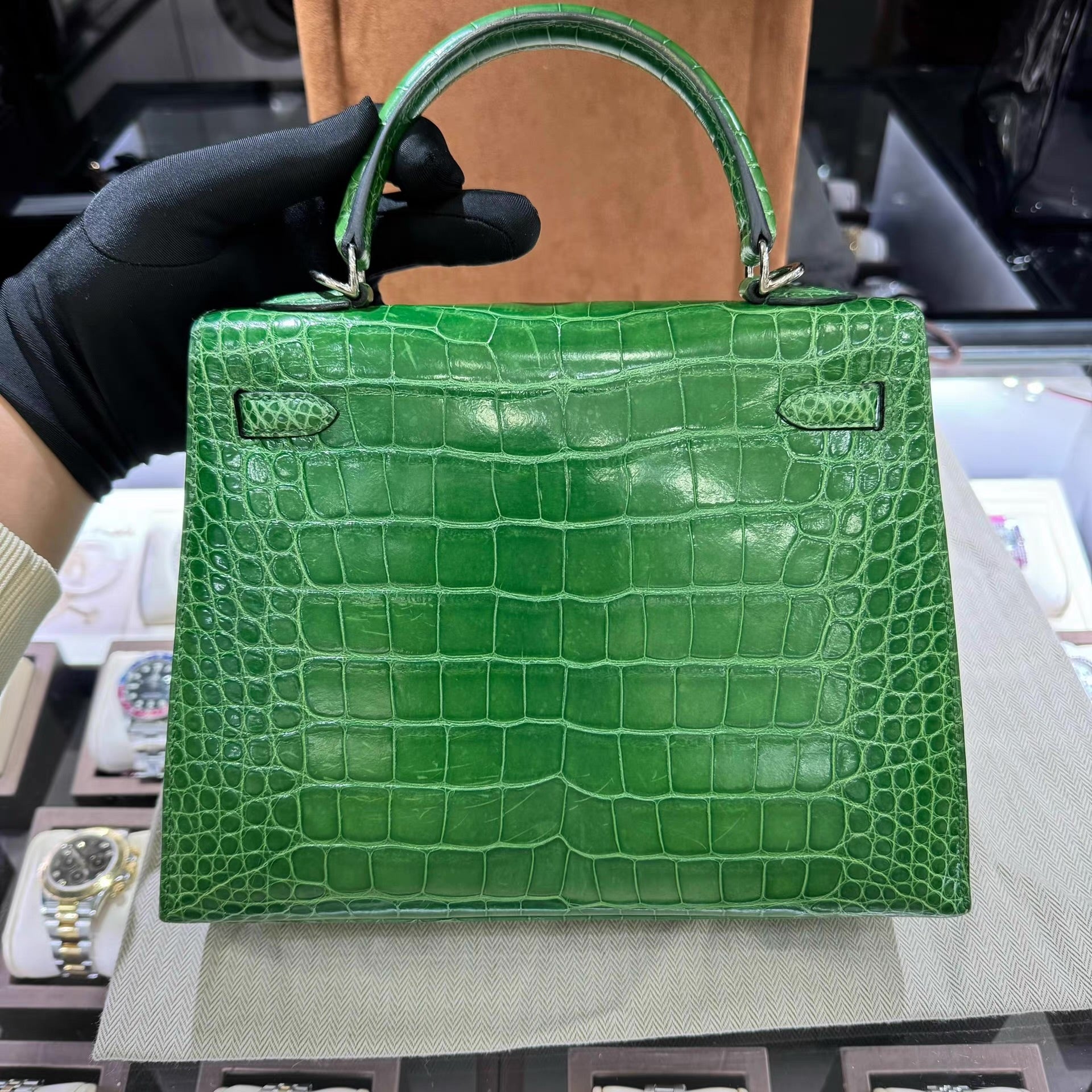Hermes Kelly 25 Green Bamboo crocodile leather palladium hardware