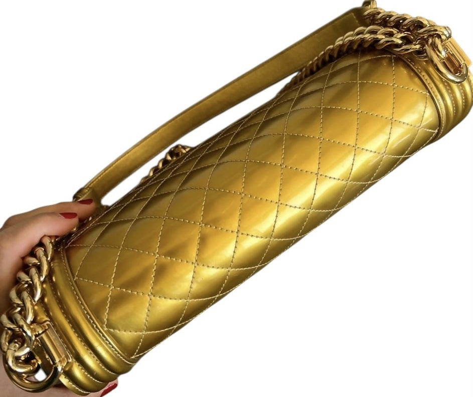Chanel 2017 New Medium Boy Metallic Gold Patent Calfskin Leather GHW