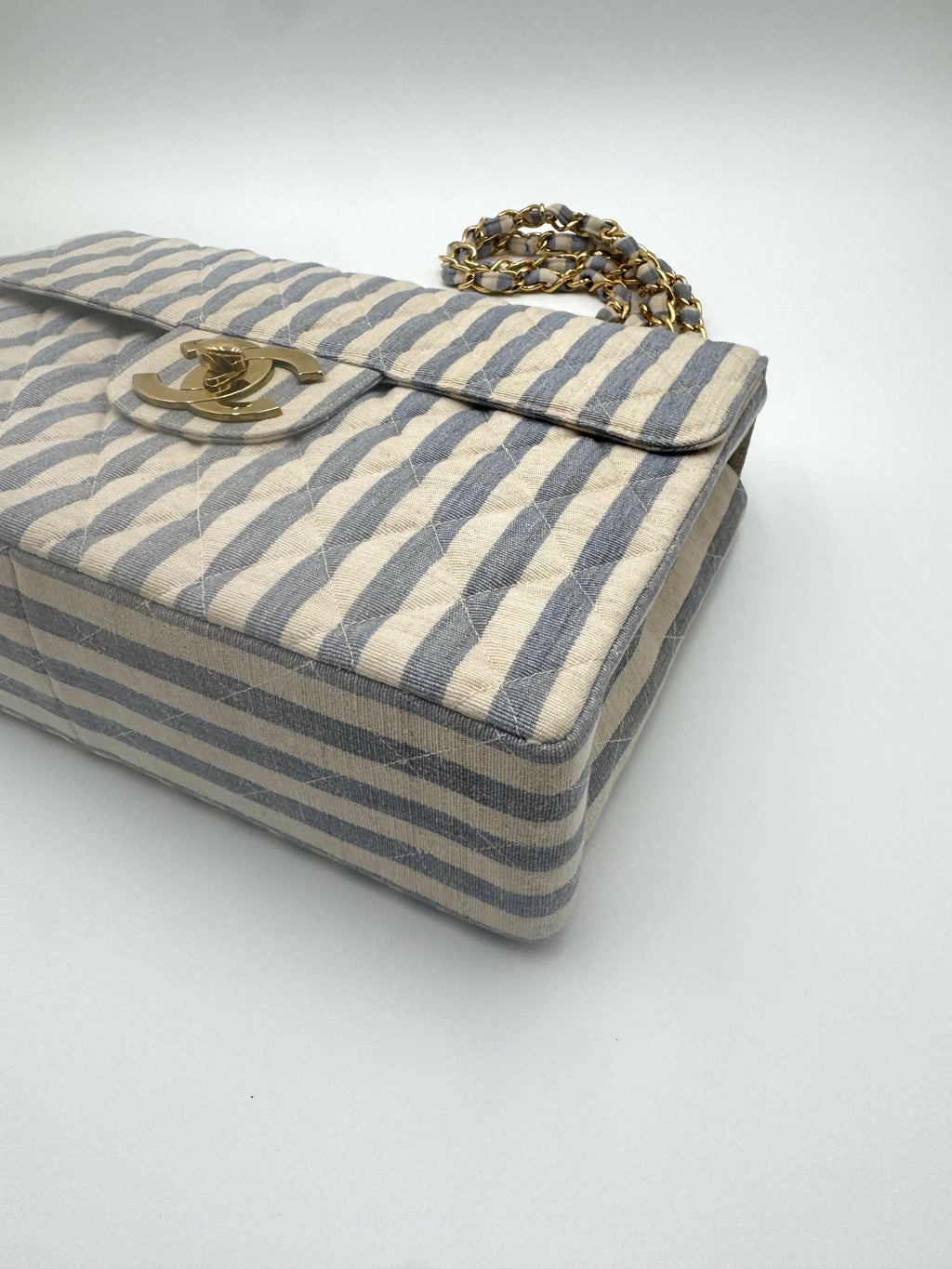 Chanel Vintage 1990s Blue and White Striped Linen Jumbo Single Classic Flap Bag
