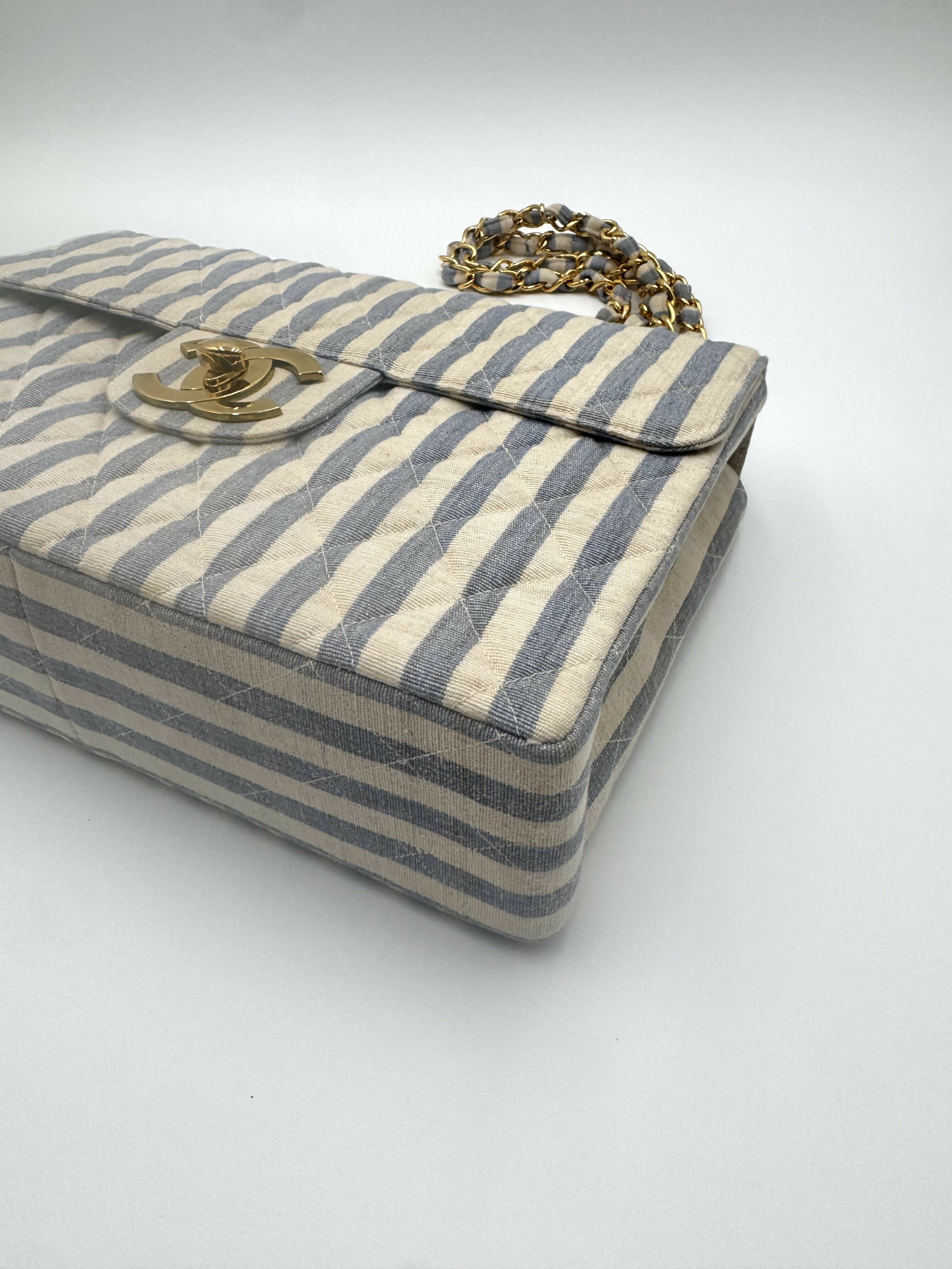 Chanel Vintage 1990s Blue and White Striped Linen Jumbo Single Classic Flap Bag
