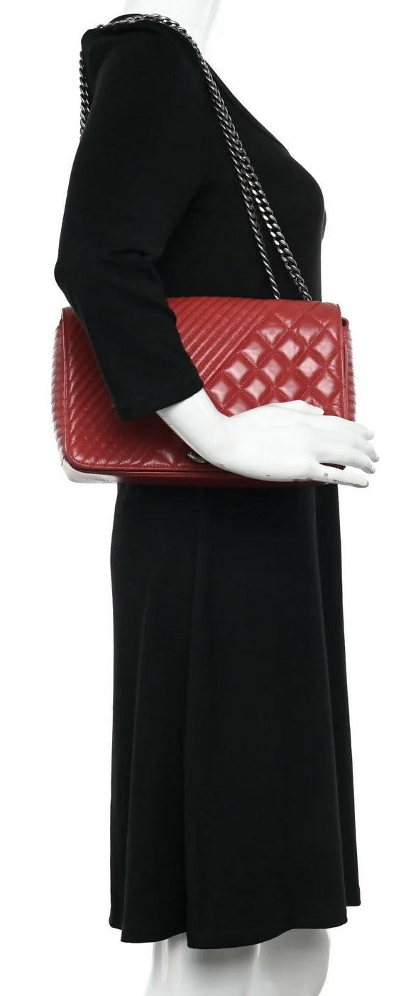 Chanel Red Quilted Glazed Aged Calfskin Leather Medium Coco Boy Flap Bag
