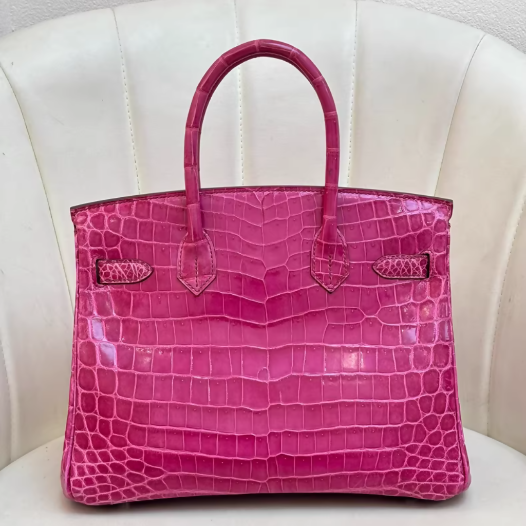 HERMÈS Birkin 30 Rose Shiny Crocodile Leather Palladium hardware