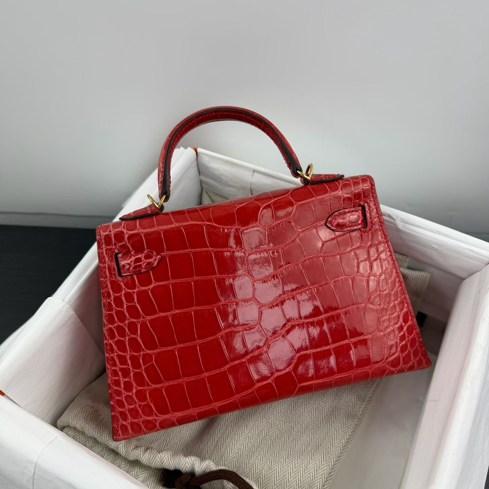 Hermès Mini Kelly 20 Rouge/Red A5 shiny crocodile gold hardware