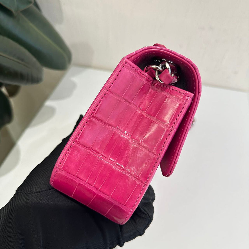 Chanel pink crocodile leather mini flap silver hardware
