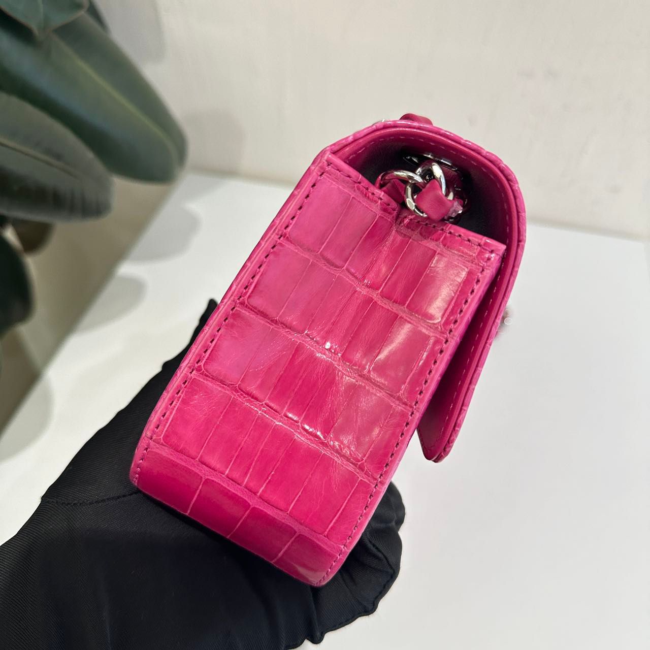 Chanel pink crocodile leather mini flap silver hardware
