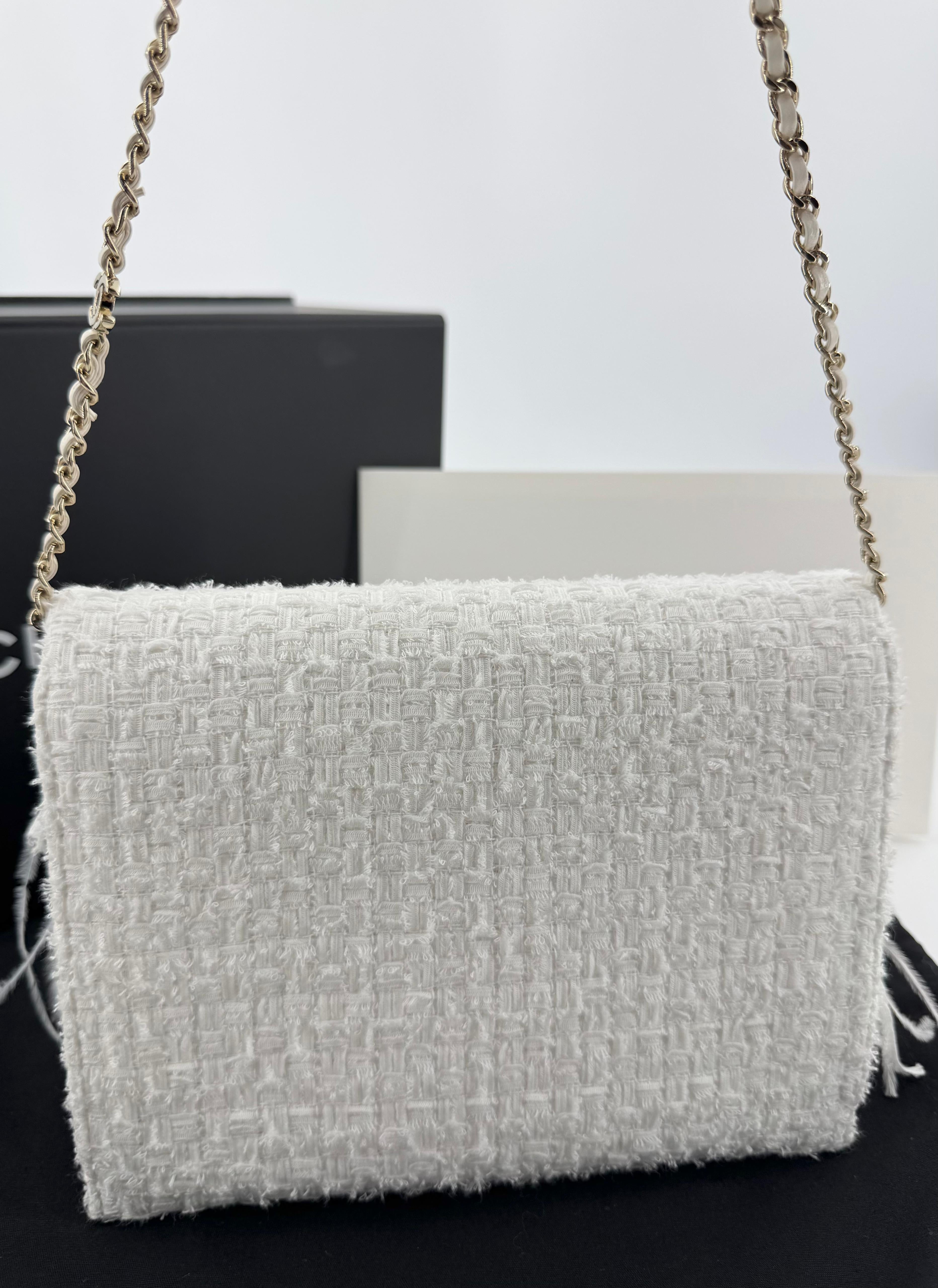Chanel 25S Embroidered Tweed, Feathers, Imitation Pearls & Gold-Tone Metal Clutch in White