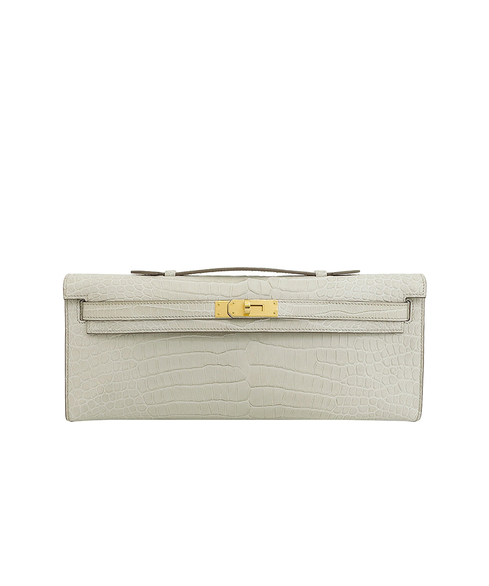Rare Hermès Kelly Cut Beton Matte Porosus Crocodile Gold Hardware