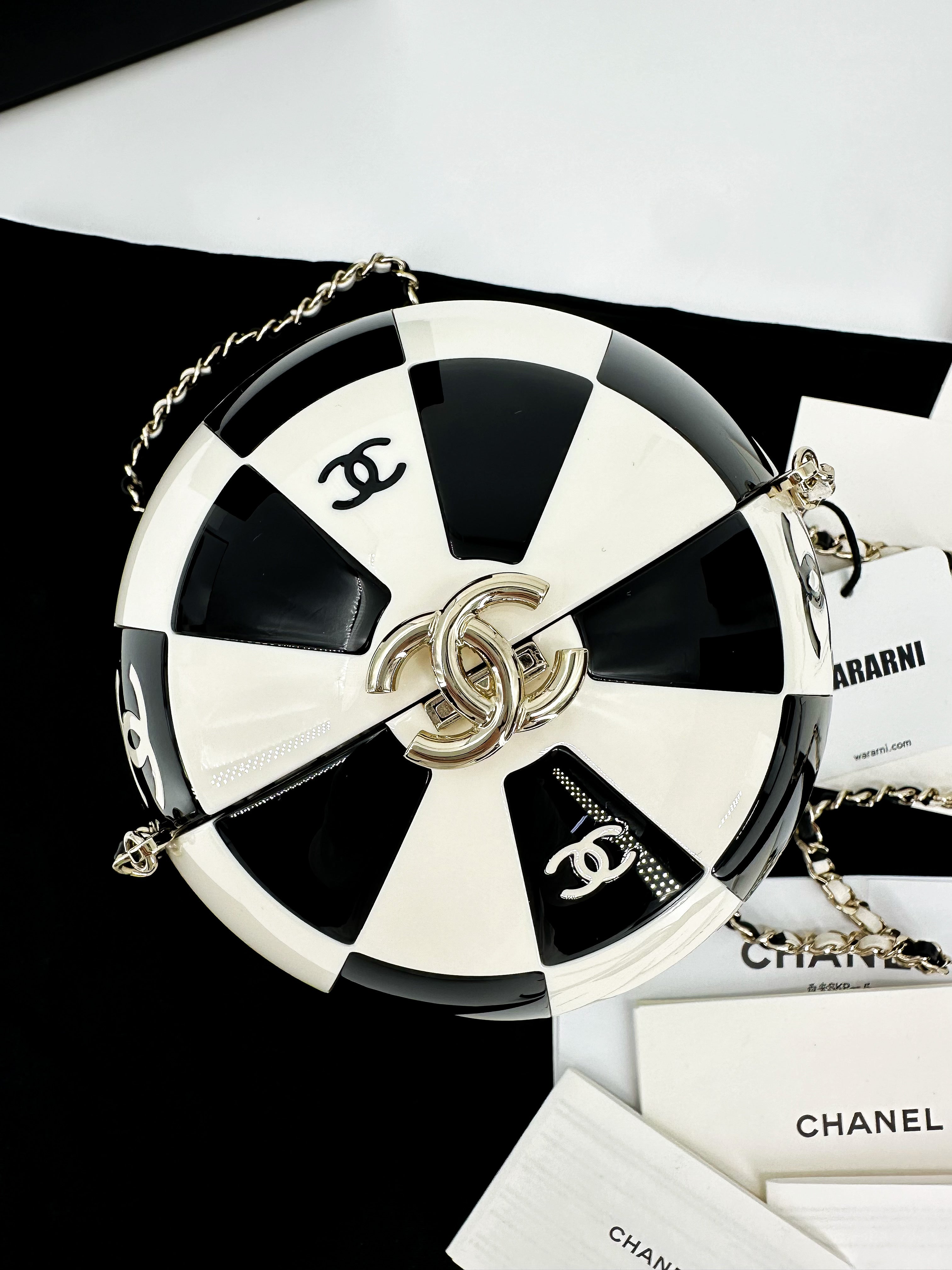 Chanel 23C Black and White Resin and Enamel Checker Sphere Minaudiere Pale Gold Hardware