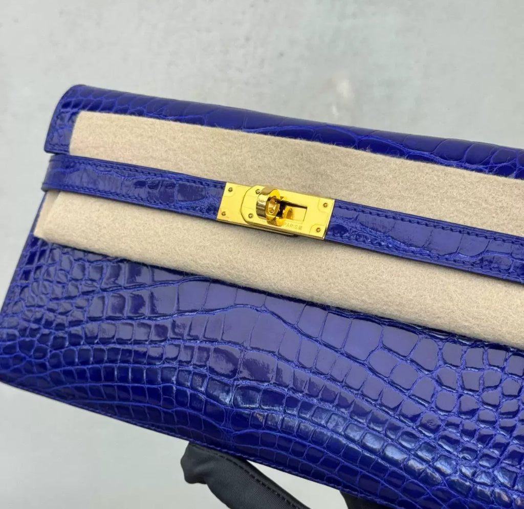 Hermès Kelly long electric blue shiny crocodile leather gold hardware
