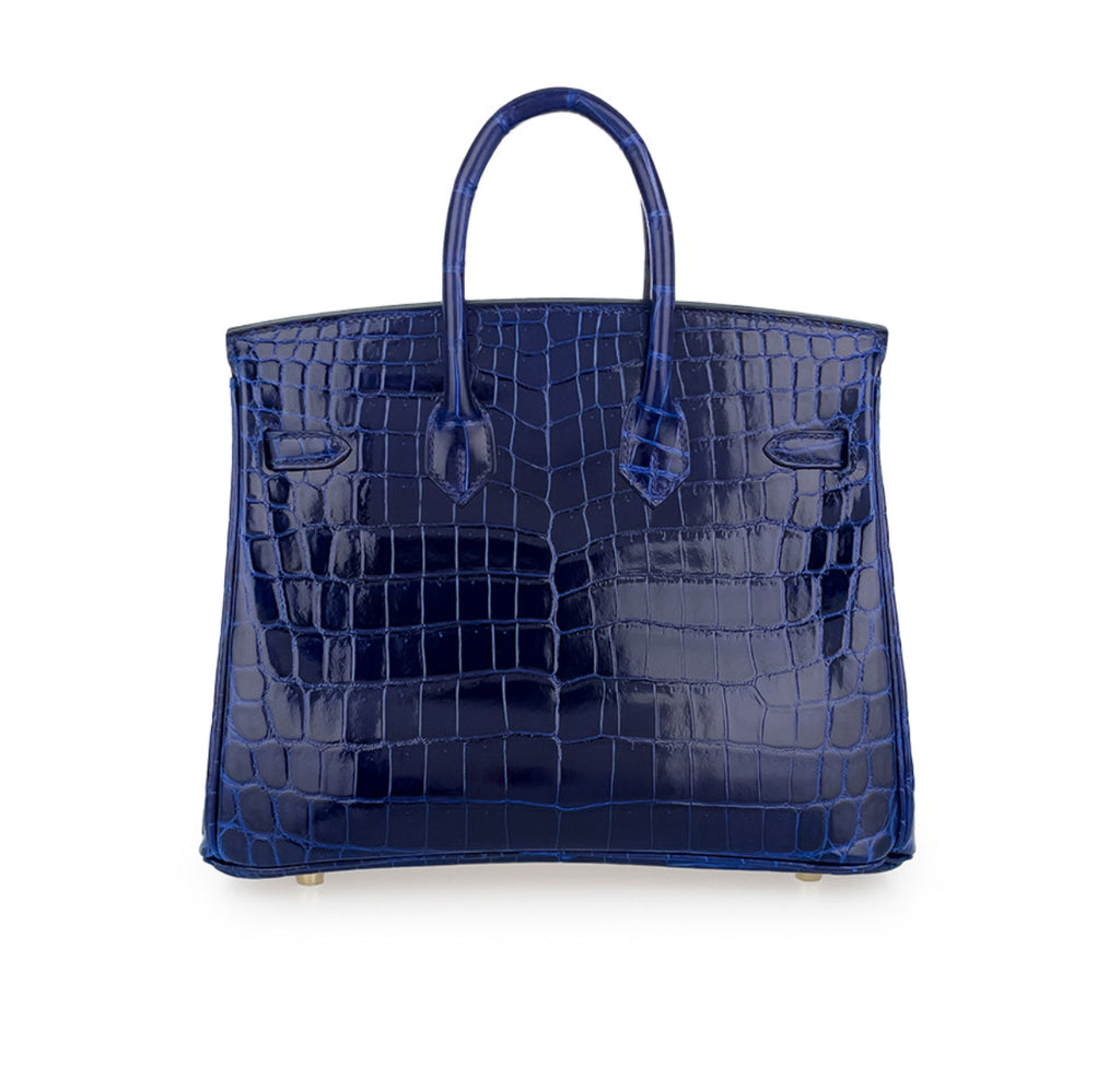 Hermes Birkin 25 Blue Sapphire Shiny Crocodile Leather Gold Hardware