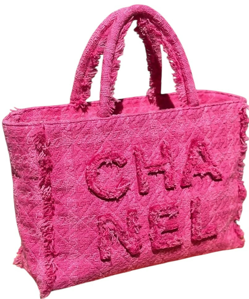 Chanel 19K Giant Large Logo Pink Fuscia Wool Tweed Shopping Bag GHW