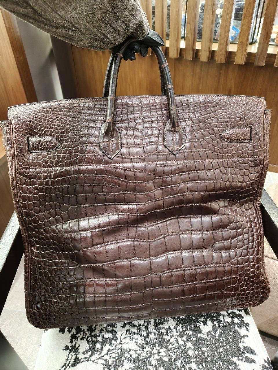 Rare Hermès Birkin HAC 50 Ebene Matte Crocodile Leather Palladium Hardware