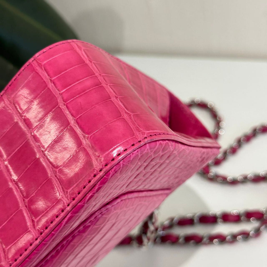 Chanel pink crocodile leather mini flap silver hardware