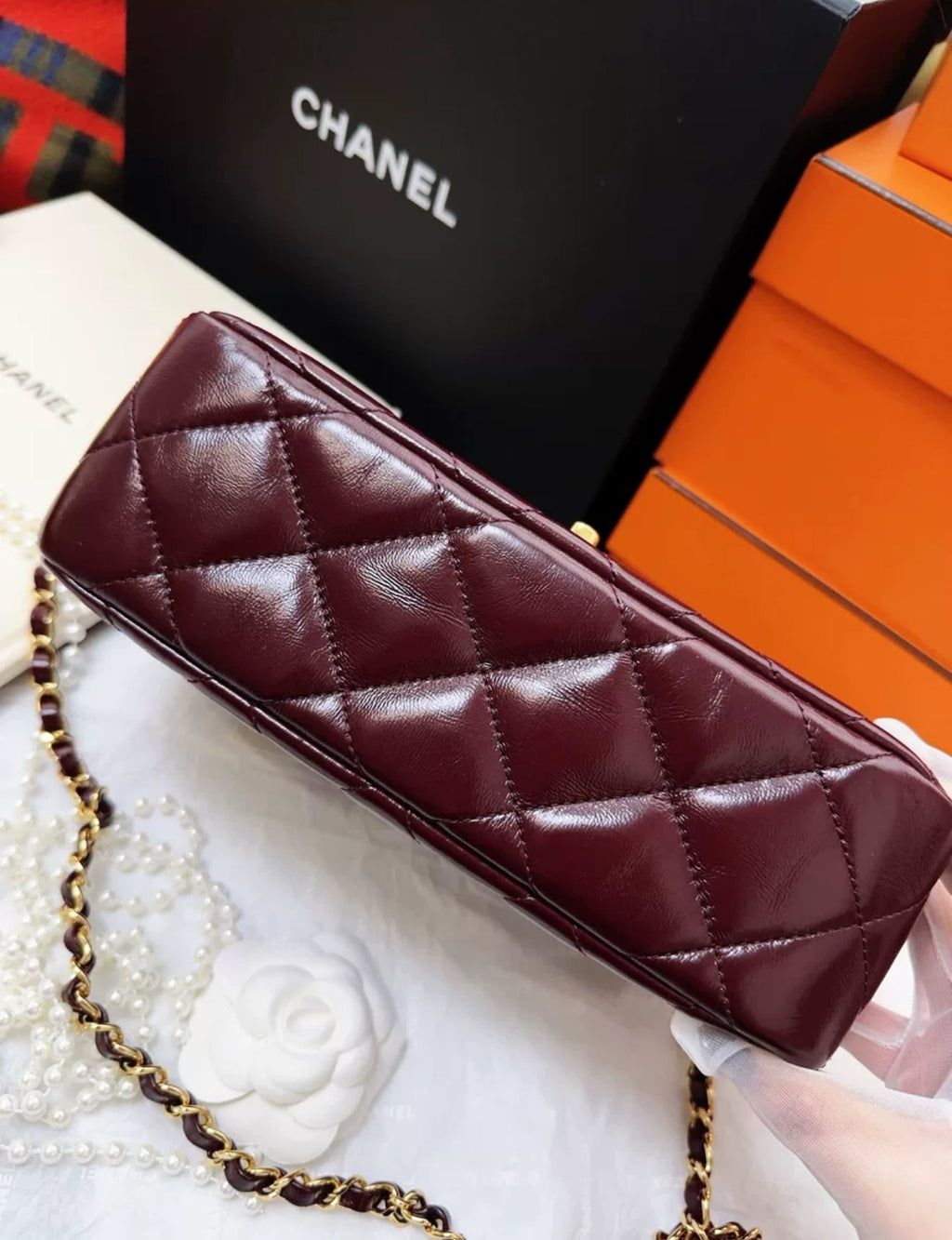 Chanel 24b burgundy sheepskin leather with gold chain top handle flap bag