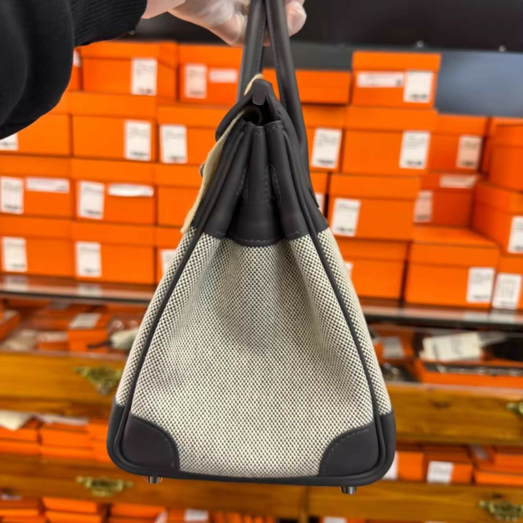 Hermès birkin 25 Black Swift Leather & Toile Retourne palladium hardware