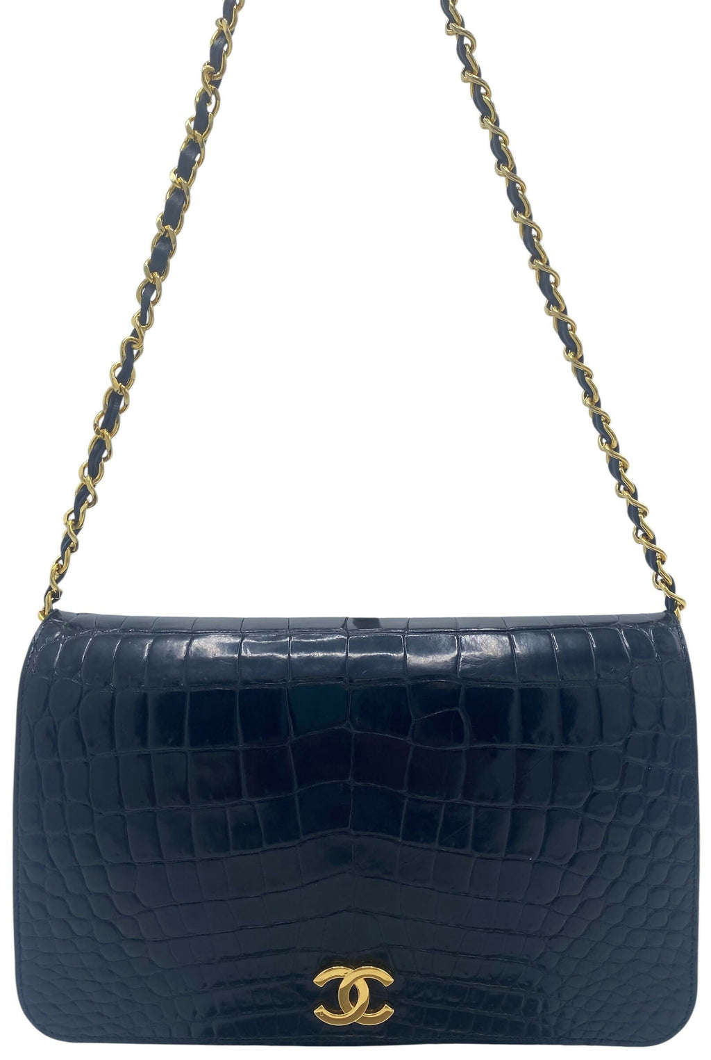 RARE Vintage 1984 Chanel Black Croc Flap Bag 24K Gold Hardware