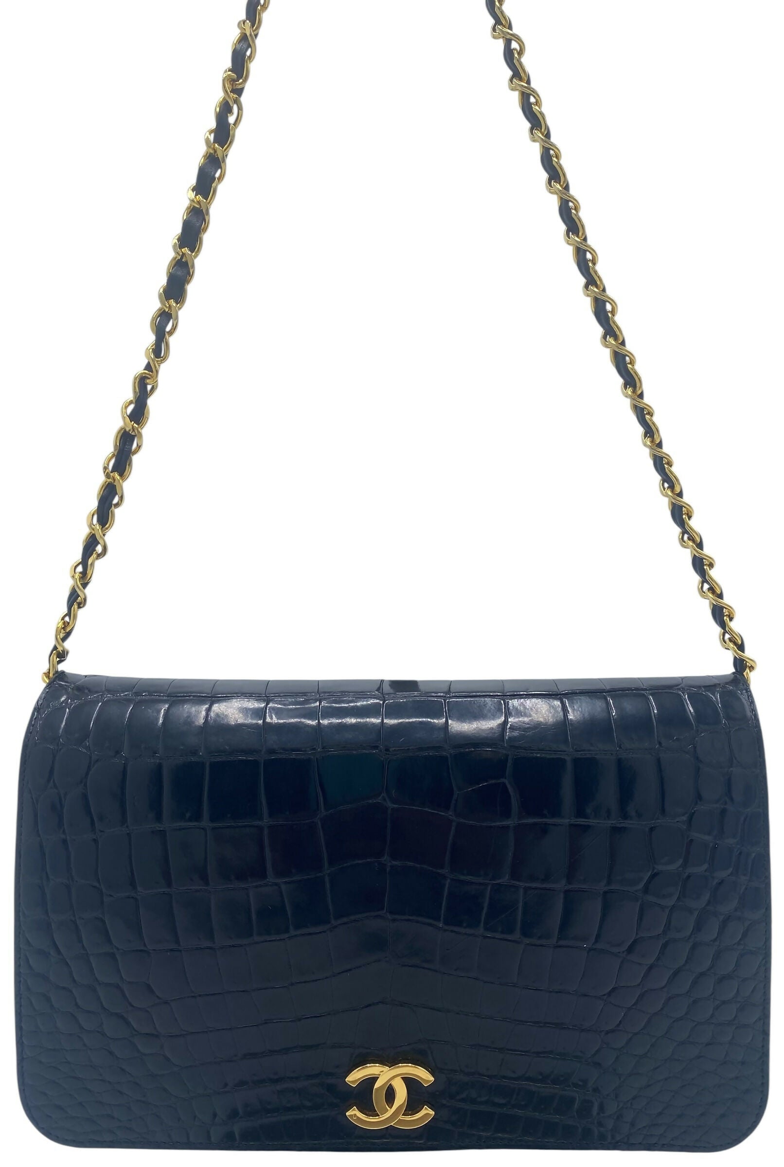 RARE Vintage 1984 Chanel Black Croc Flap Bag 24K Gold Hardware