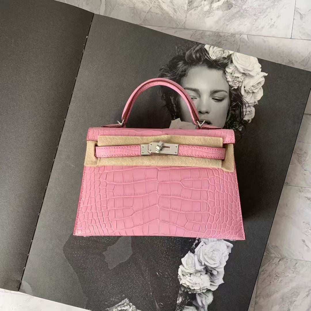 Hermes mini Kelly 5p pink bubblegum matte crocodile leather palladium hardware