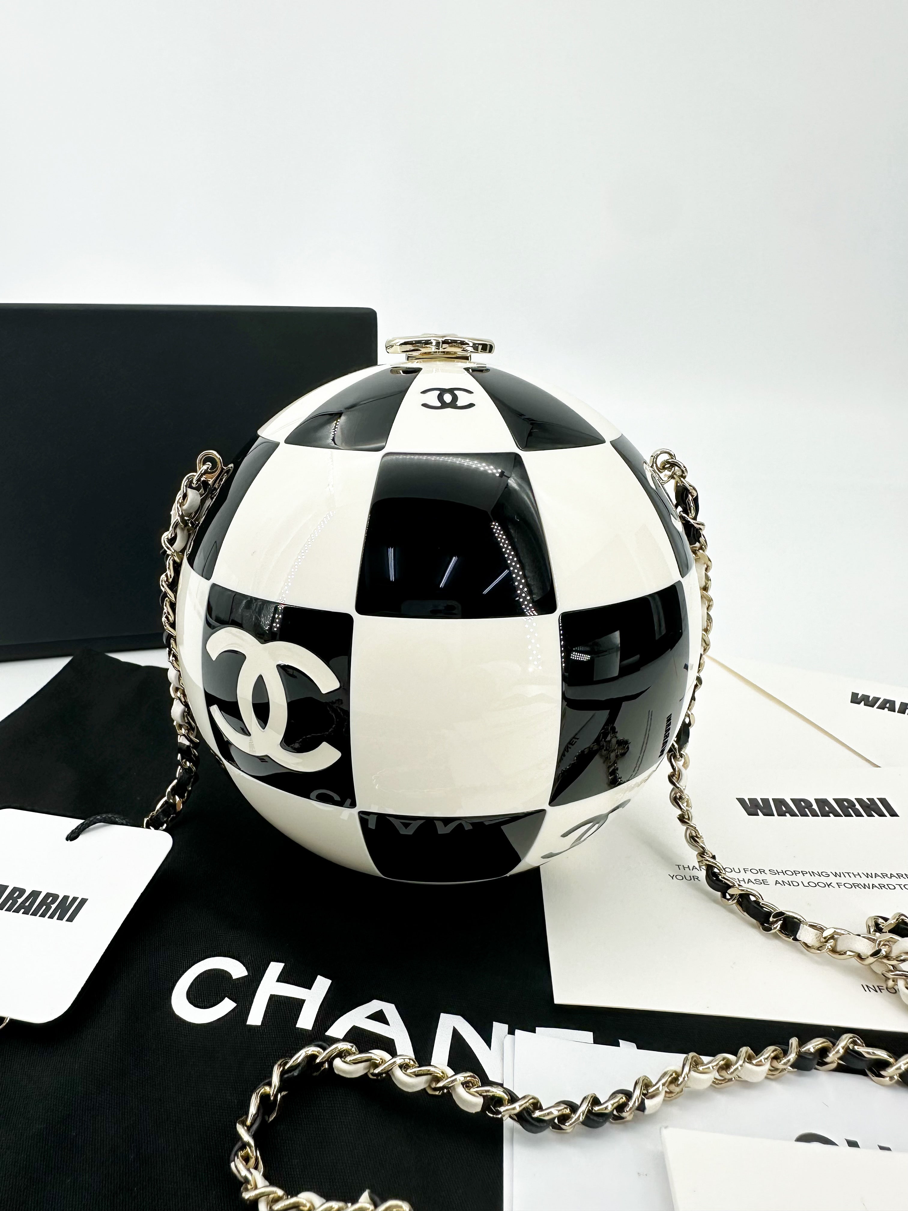 Chanel 23C Black and White Resin and Enamel Checker Sphere Minaudiere Pale Gold Hardware