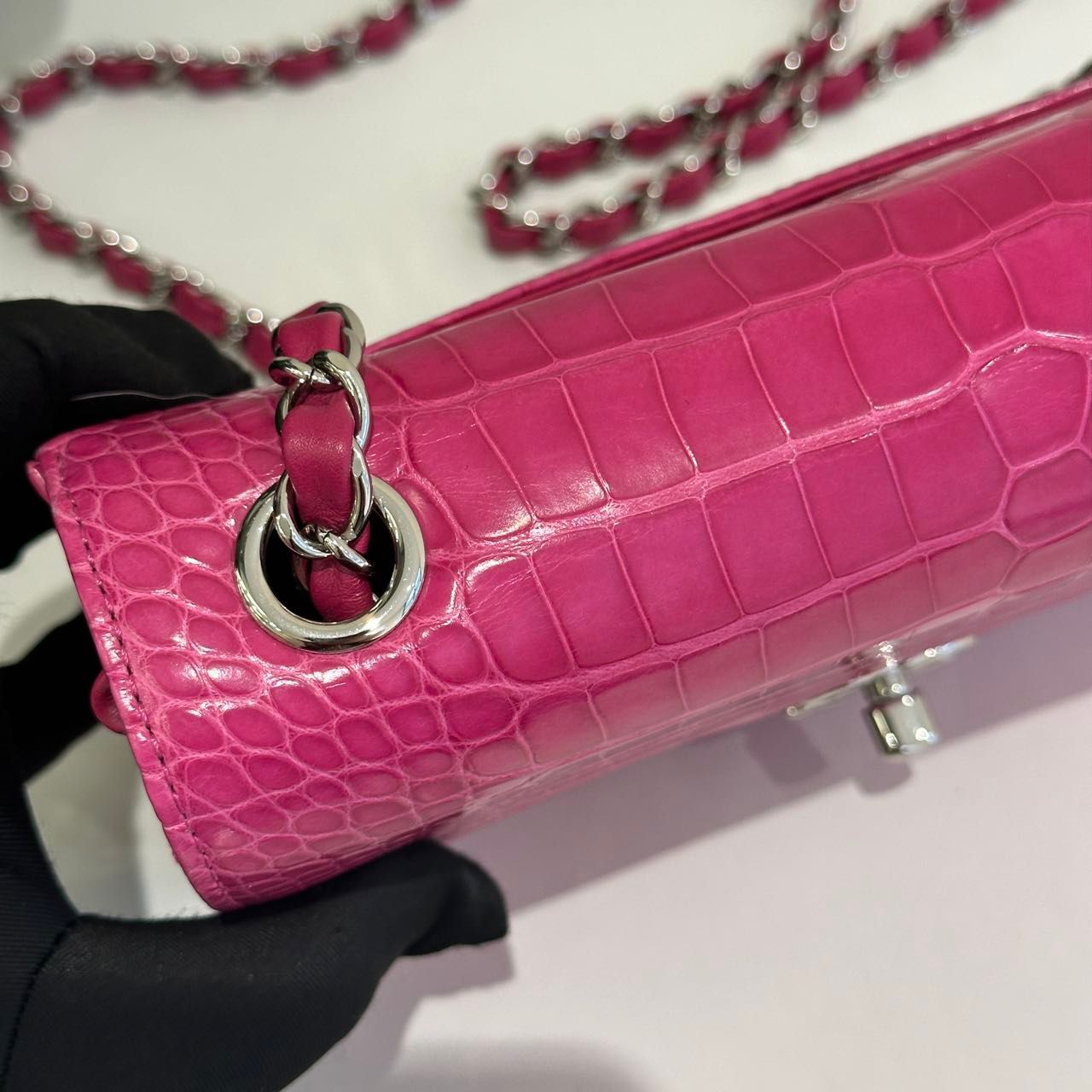 Chanel pink crocodile leather mini flap silver hardware