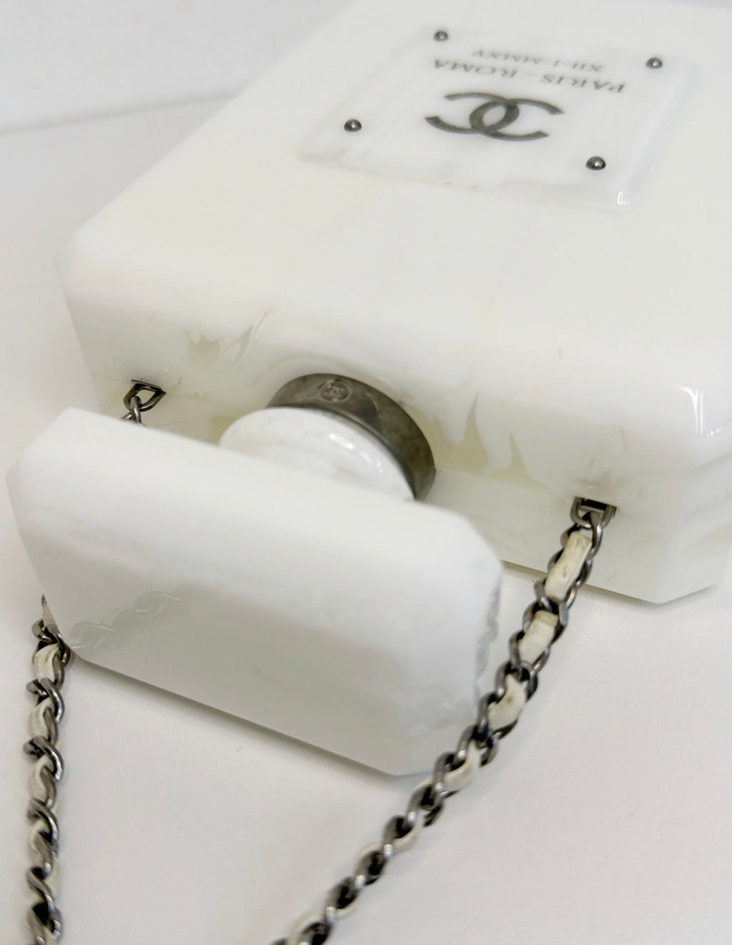 Chanel 2016 Paris-Rome White Marble No 5 Perfume Bottle Minaudiere Clutch