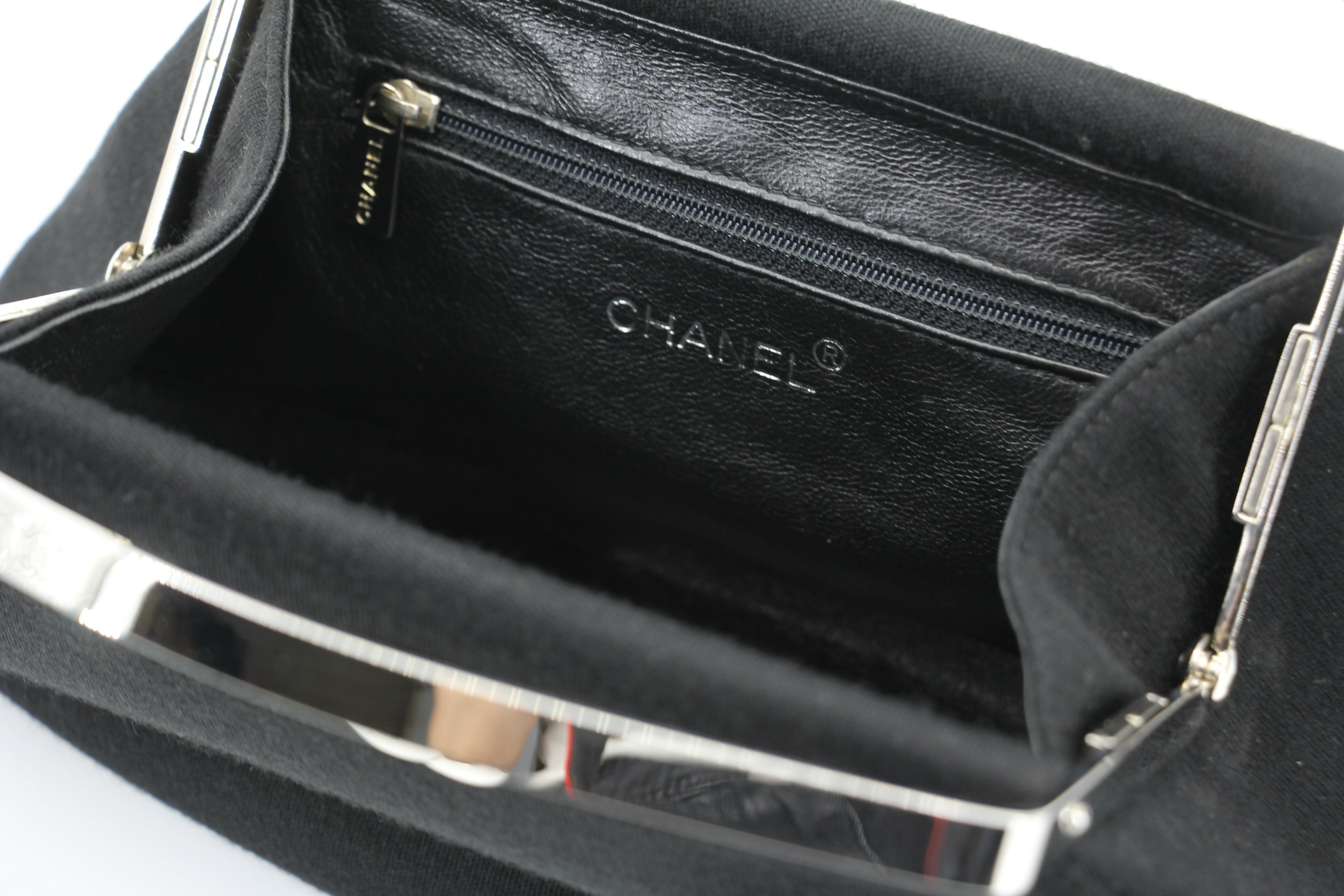 Chanel Vintage 97-99 Metal & Suede Black Silver Top Handle Satchel Clutch Evening Party Bag