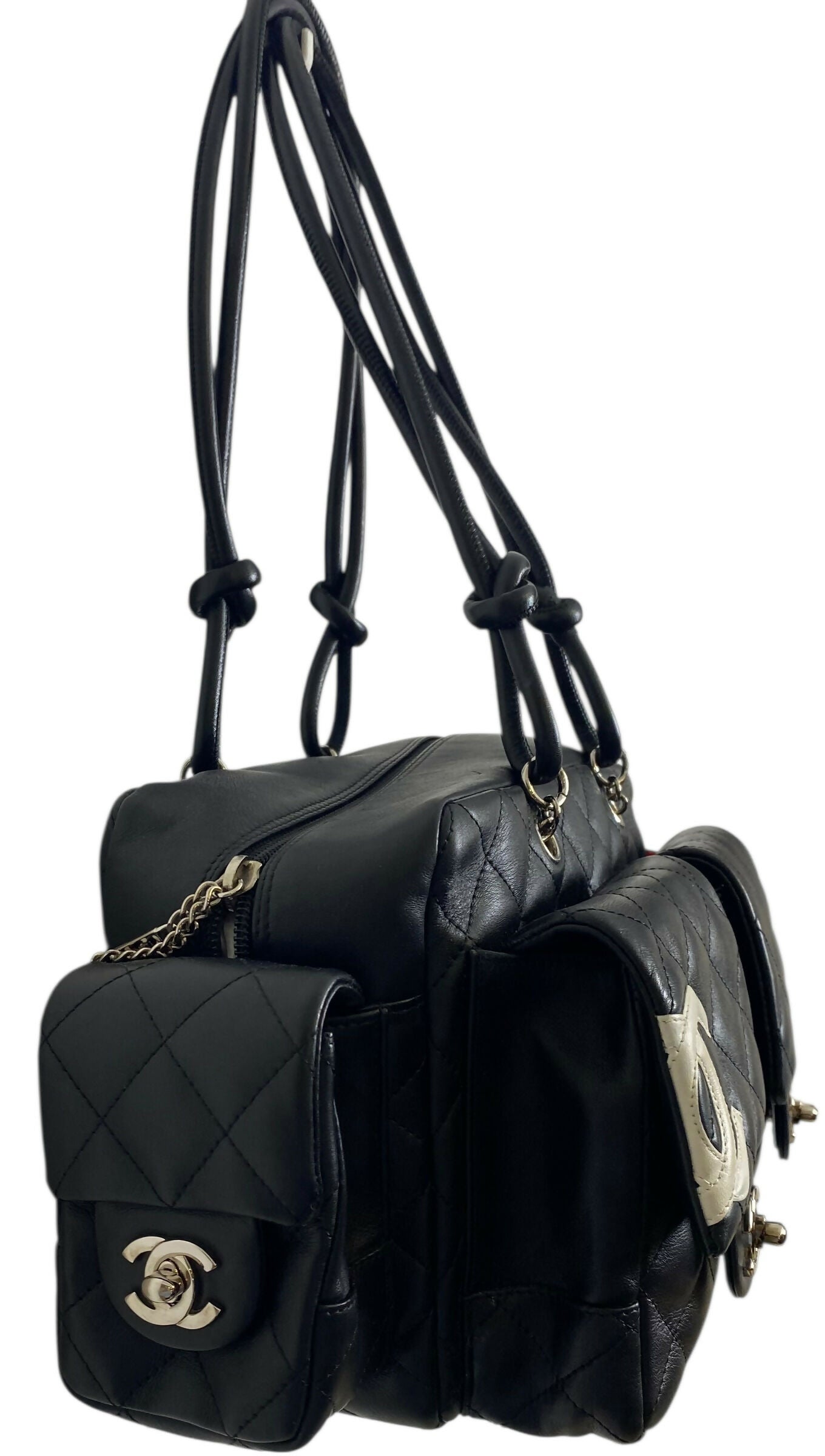 Chanel 2005 Small Cambon Reporter Black White Lambskin Handbag SHW