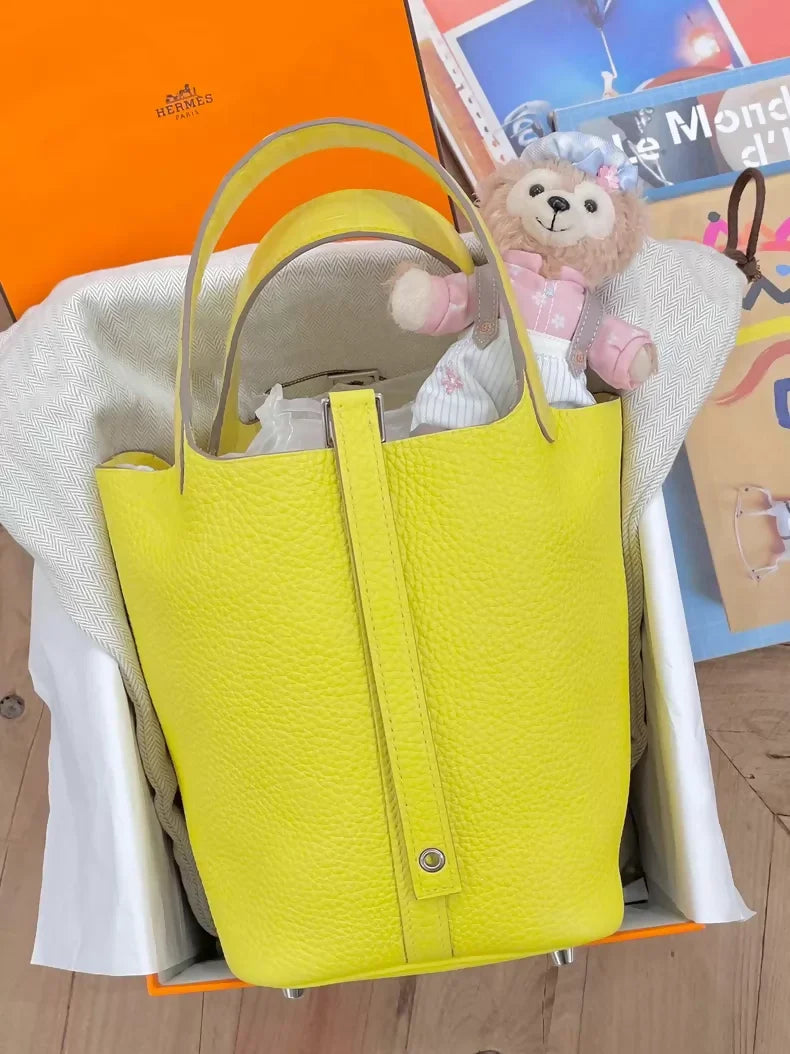 Hermès Picotin 18 Touch yellow leather and matte crocodile leather with palladium hardware