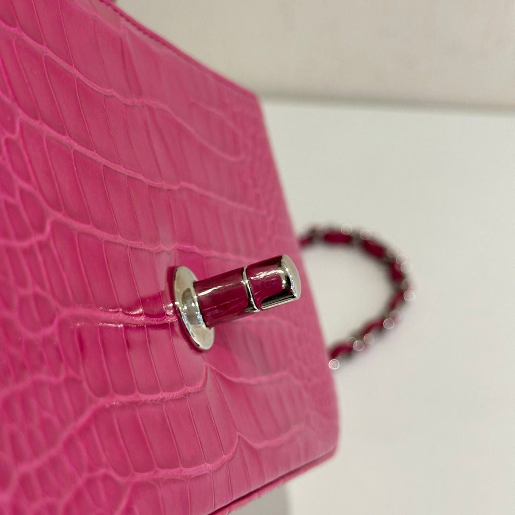 Chanel pink crocodile leather mini flap silver hardware