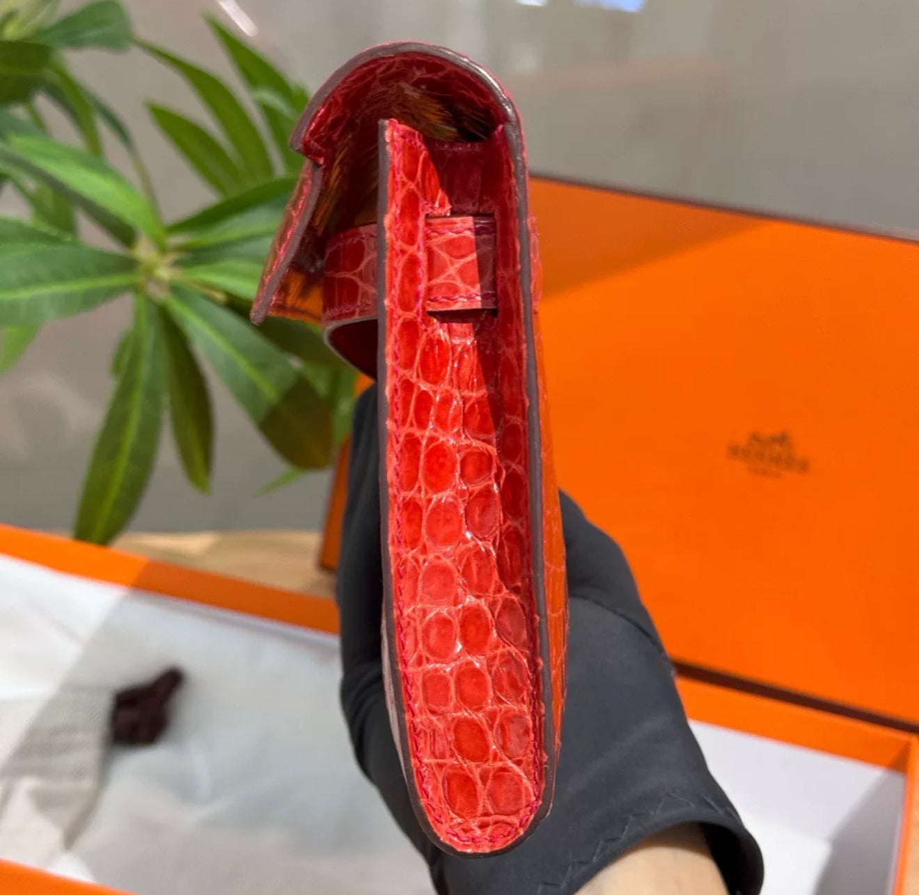 Hermes Kelly cut red shiny crocodile leather palladium hardware