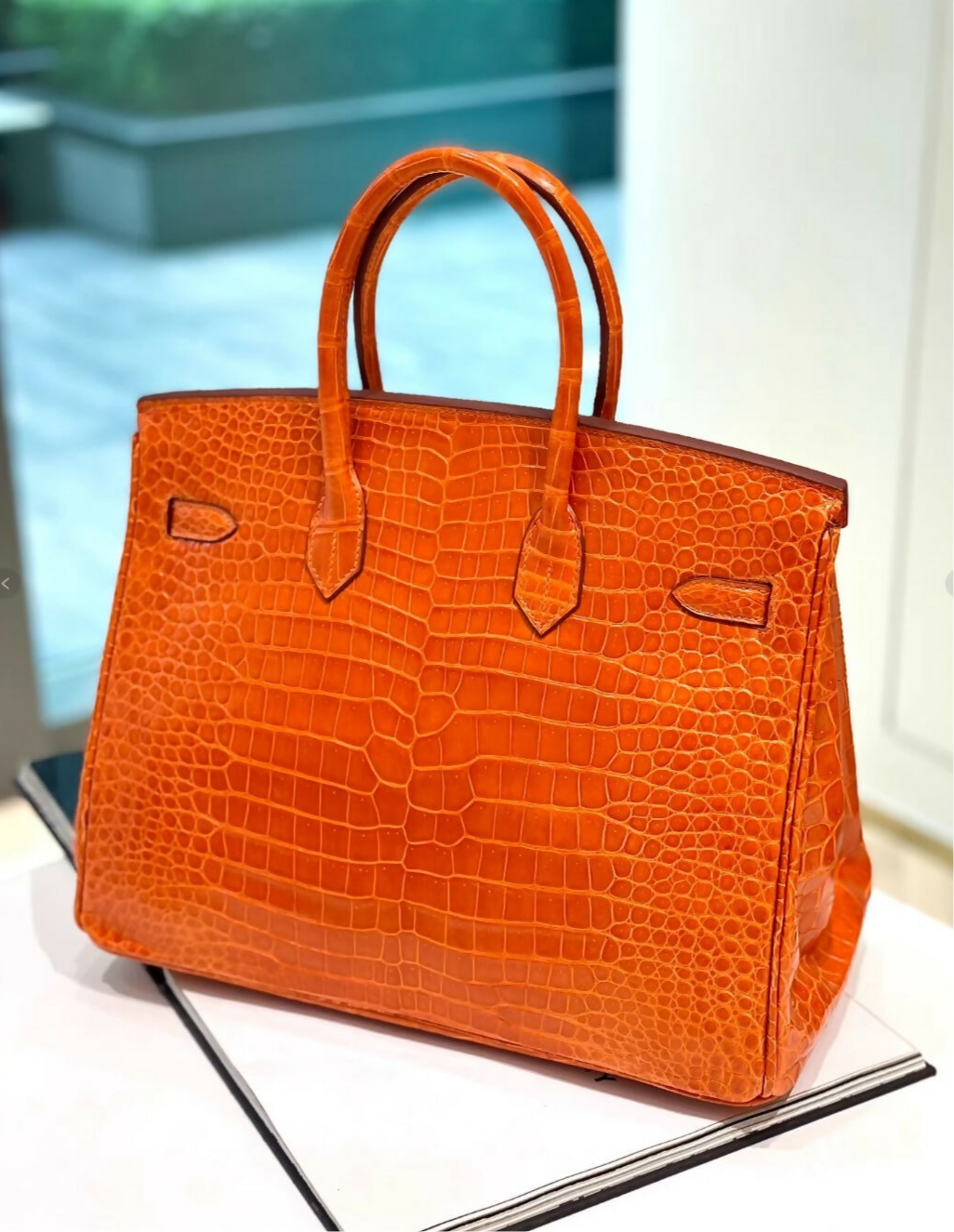 Hermes Birkin 35 Orange Shiny Crocodile Leather Palladium Hardware