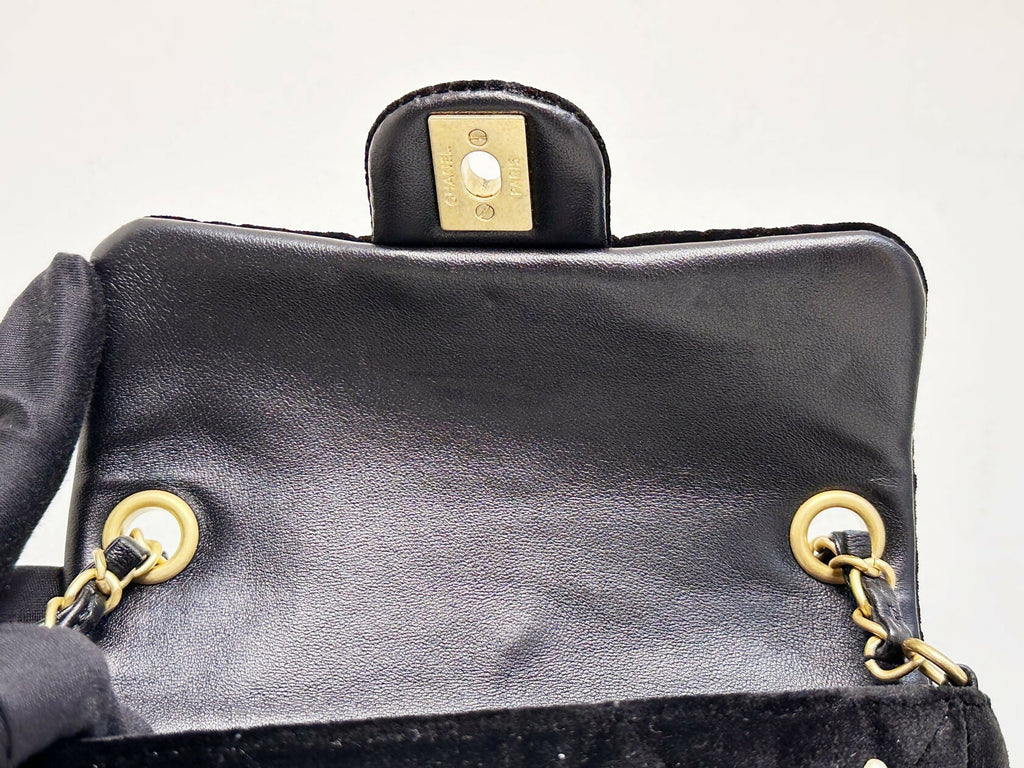 Chanel 2022 Mini Flap Bag in Black Velvet with Pearls and Gold Hardware
