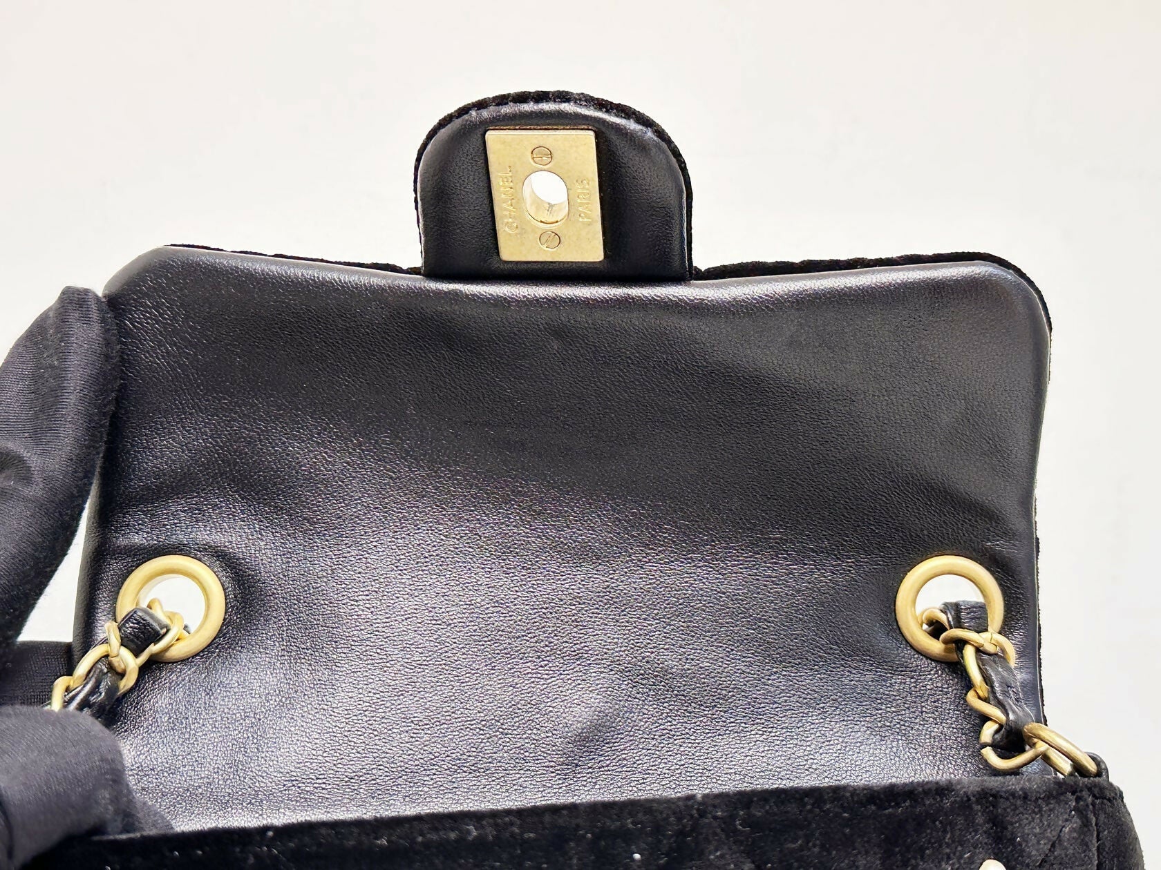 Chanel 2022 Mini Flap Bag in Black Velvet with Pearls and Gold Hardware
