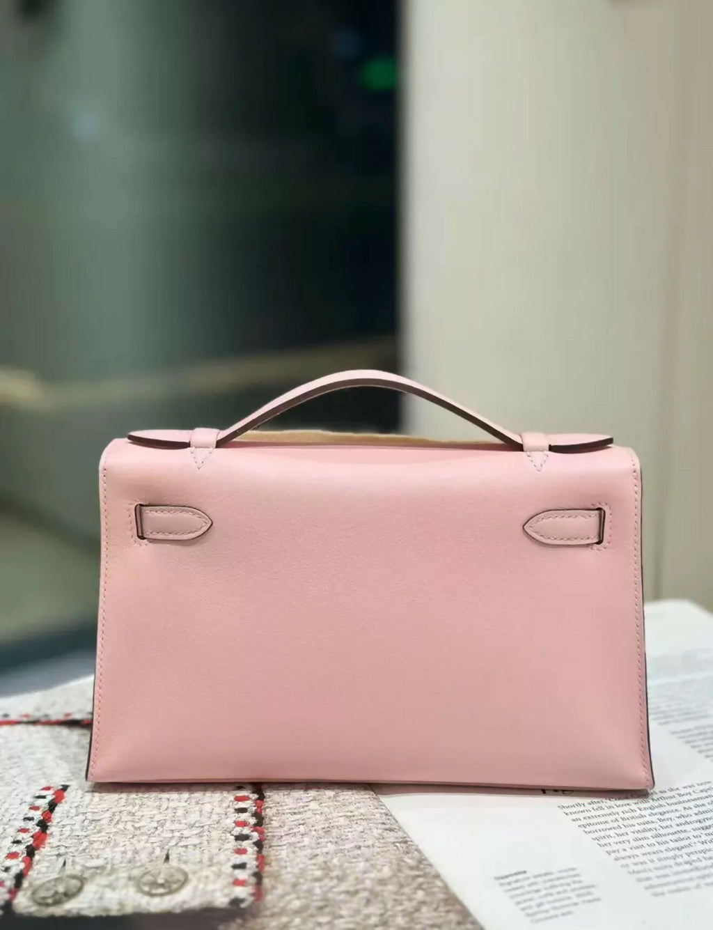 Hermes Kelly Pochette Rose Sakura Swift Palladium Hardware