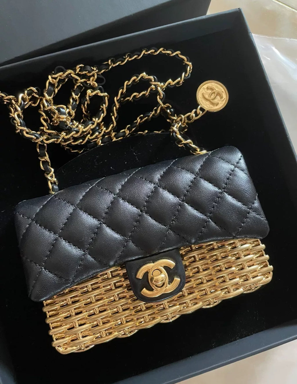 Chanel 23C Gold/Black mini Flap evening bag