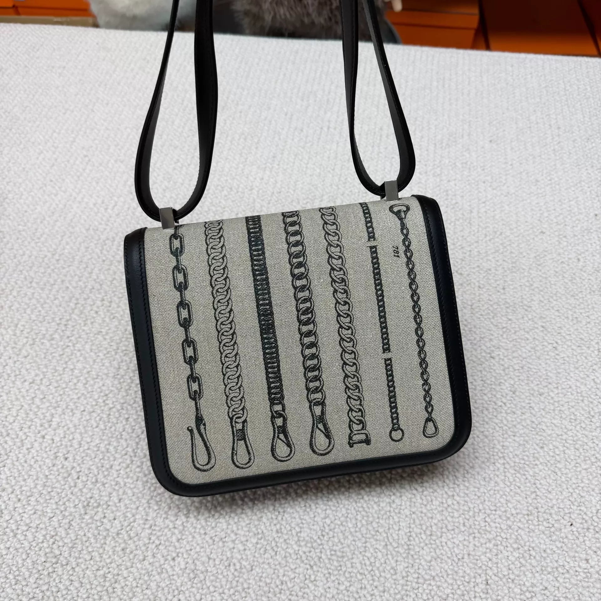 Hermès Constance 24 black leather & grey canvas palladium hardware