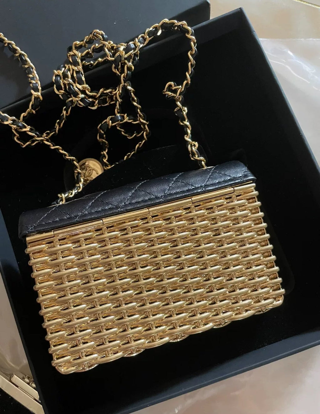 Chanel 23C Gold/Black mini Flap evening bag