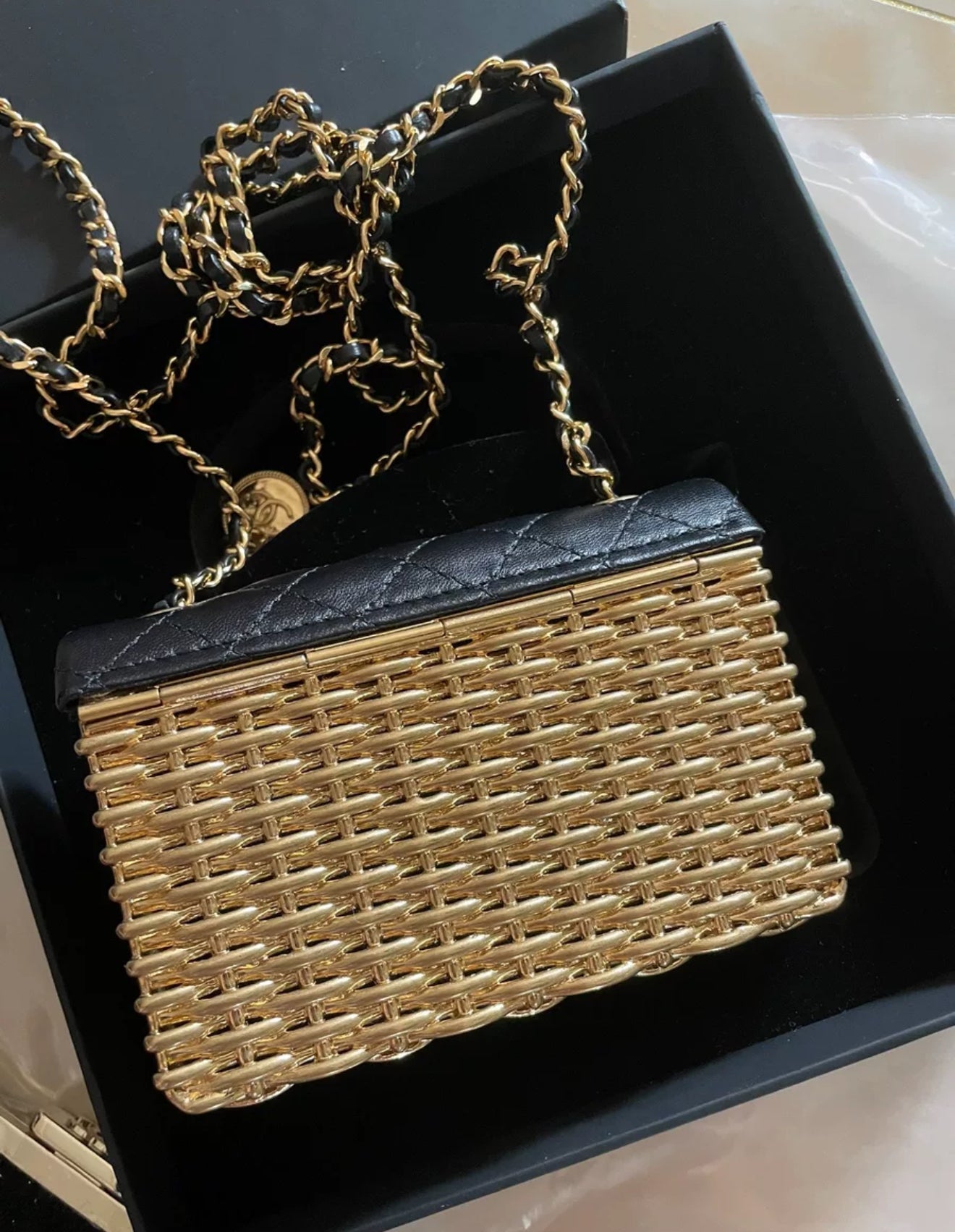 Chanel 23C Gold/Black mini Flap evening bag