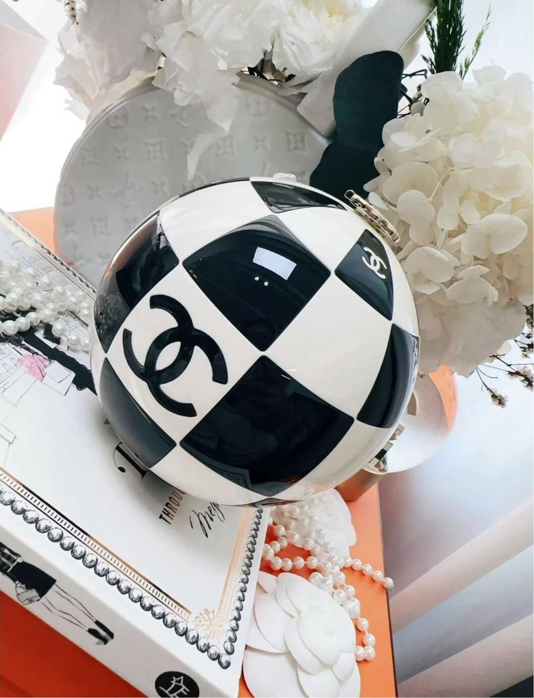 Chanel 23C Black and White Resin and Enamel Checker Sphere Minaudiere Pale Gold Hardware