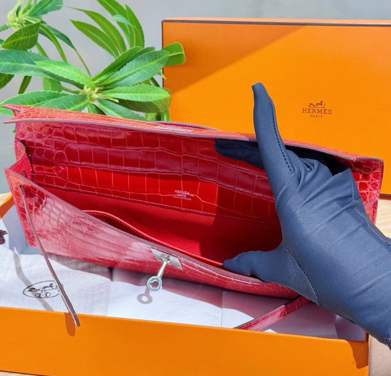 Hermes Kelly cut red shiny crocodile leather palladium hardware