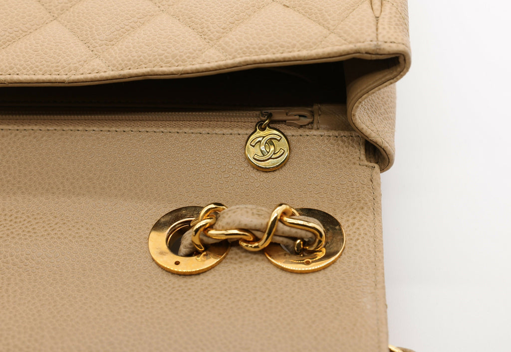 Chanel Vintage 1990s Caviar Dark Beige Jumbo Single Classic Flap Bag