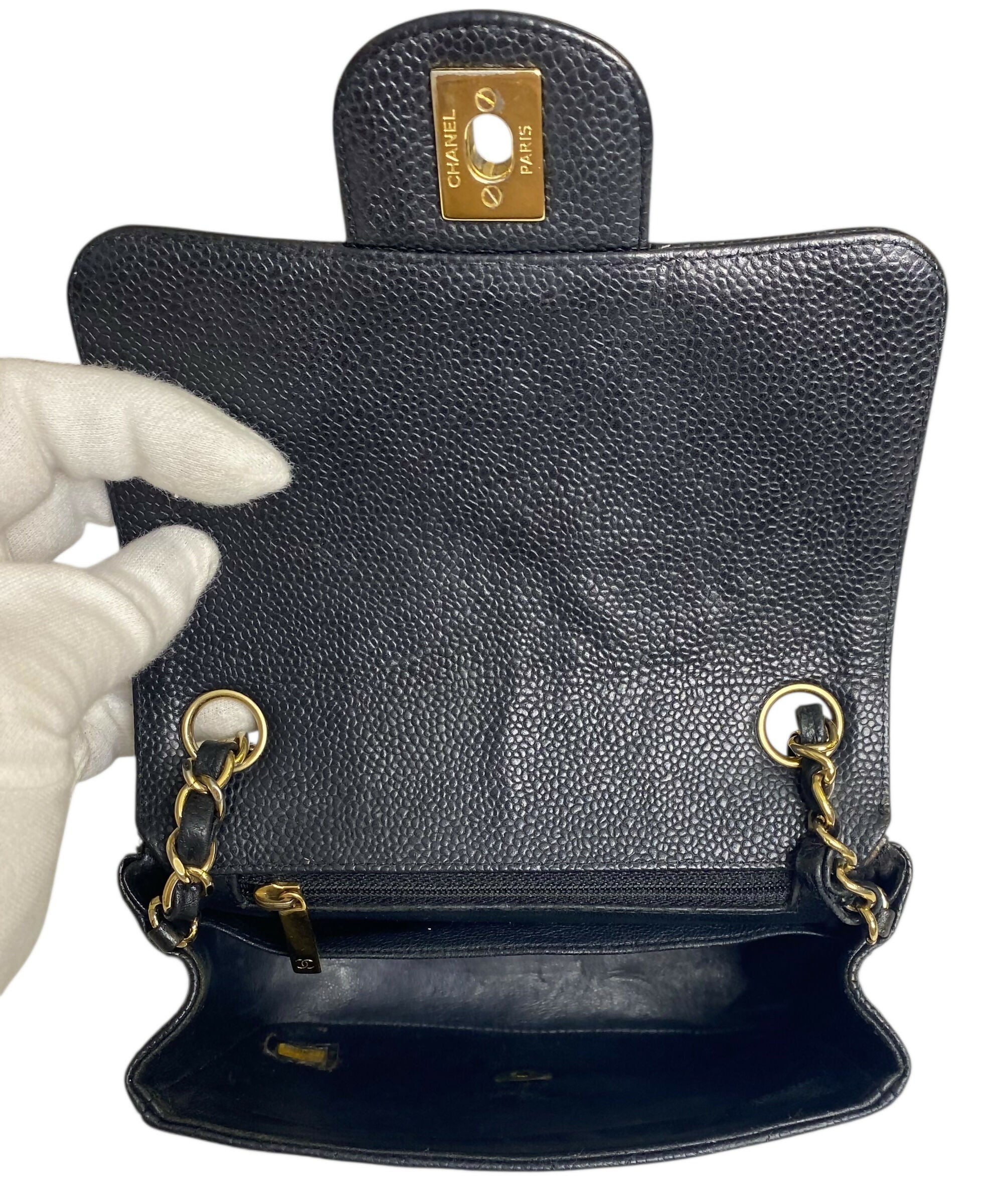 Chanel Black Caviar Mini Square Classic Timeless Flap Bag GHW Gold Hardware
