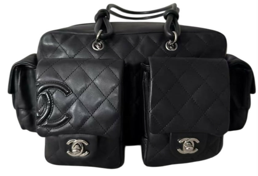 Chanel 2005 Small Cambon Reporter Black Lambskin Handbag SHW